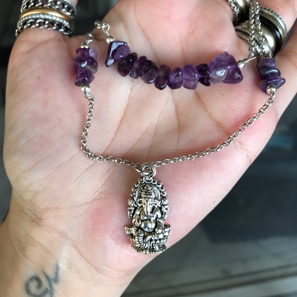 Amethyst ganesh necklace . Double layer Boho amethyst gemstones silver Ganesh - Picture 2 of 8